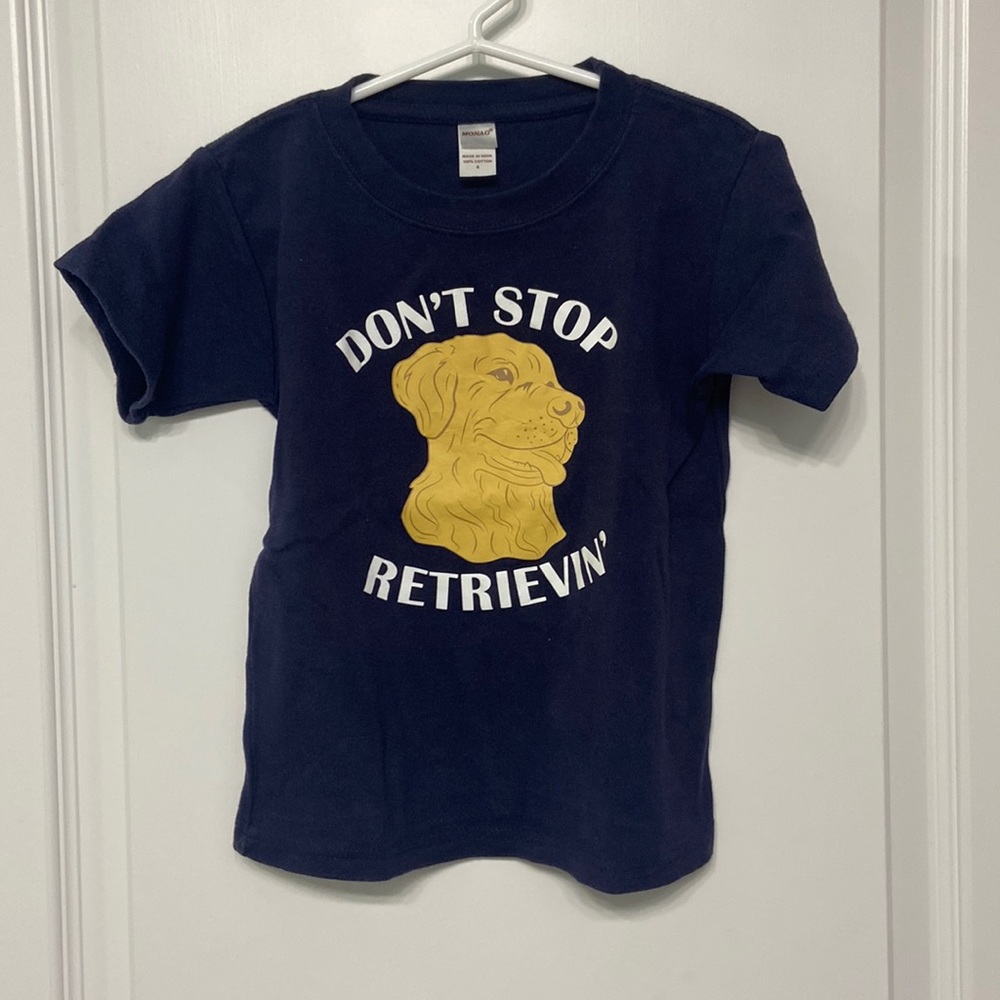 Monag Navy Blue T-shirt Boys 4T DON’T STOP RETRIEVIN’ Yellow Lab on Front EUC